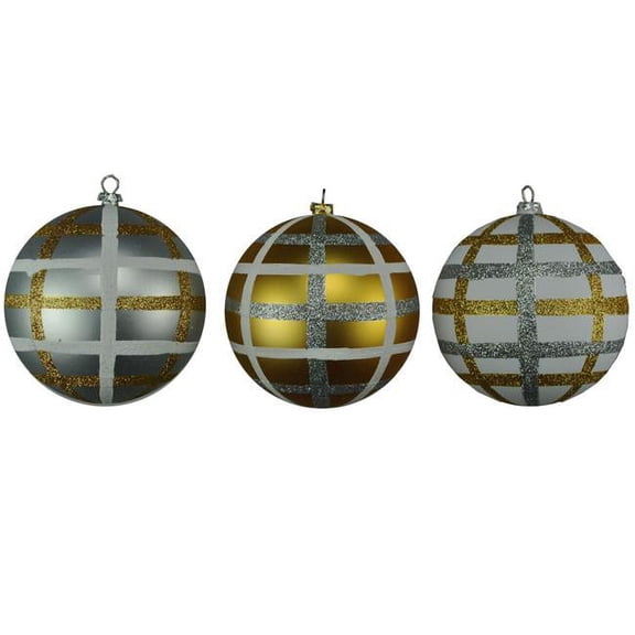 3 Pack of Silver, Gold, and White Plaid Ball Ornaments with Glitter Enhancements