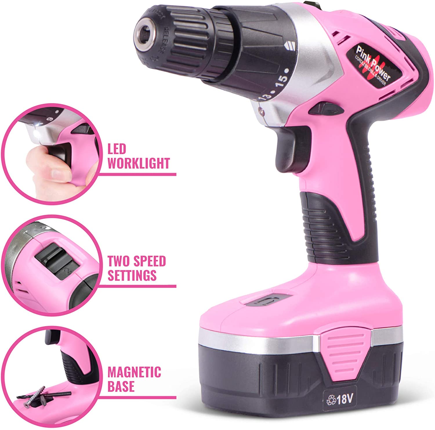 Pink Power Cordless Drill Set for Women - 18V Electric Drill Driver with Tool Case, Batteries, Charger & Drill Bit Set - image 4 of 6