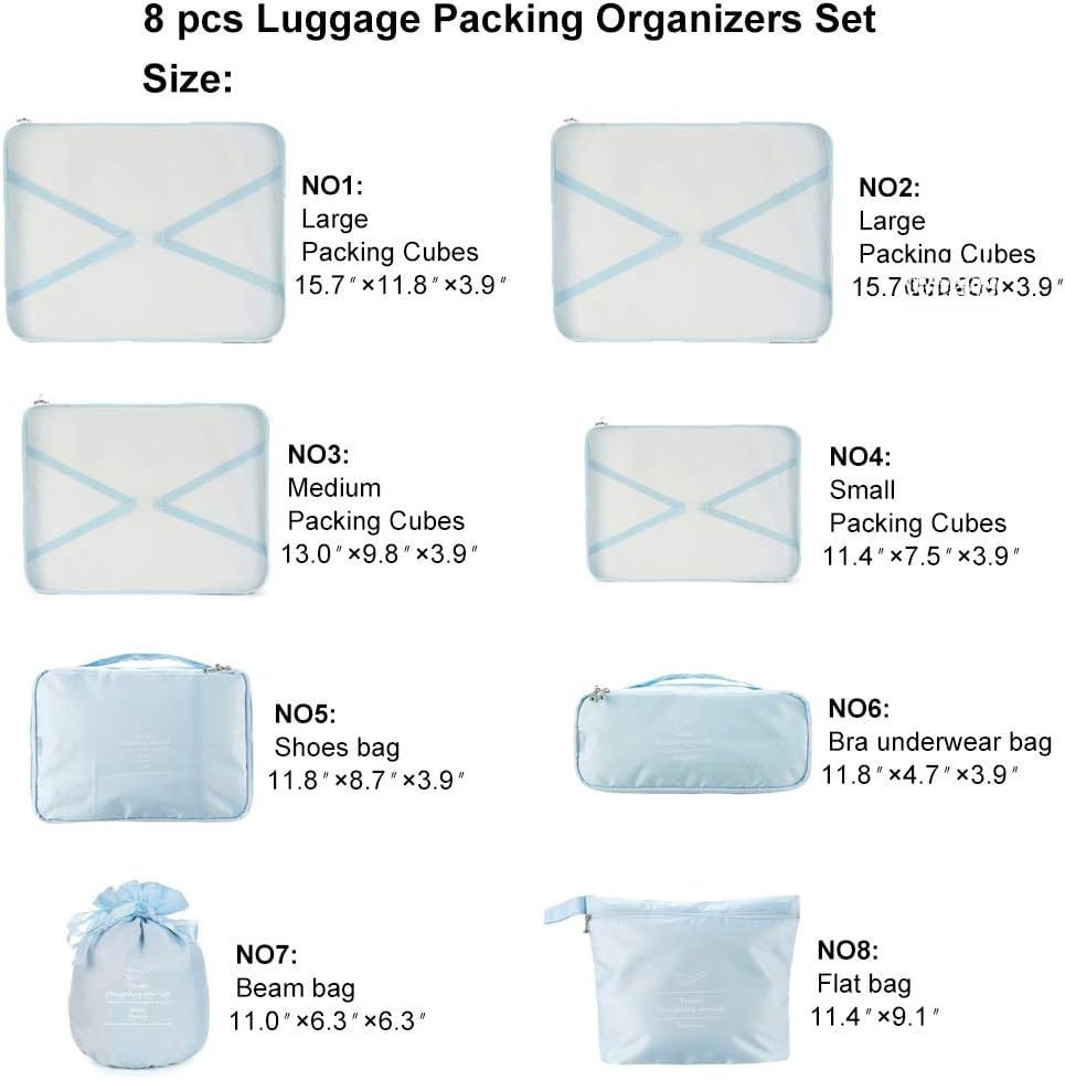 Travel Packing Cubes 8 count Set, Luggage Packing Organizers with Shoe Bag and Toiletry Bag