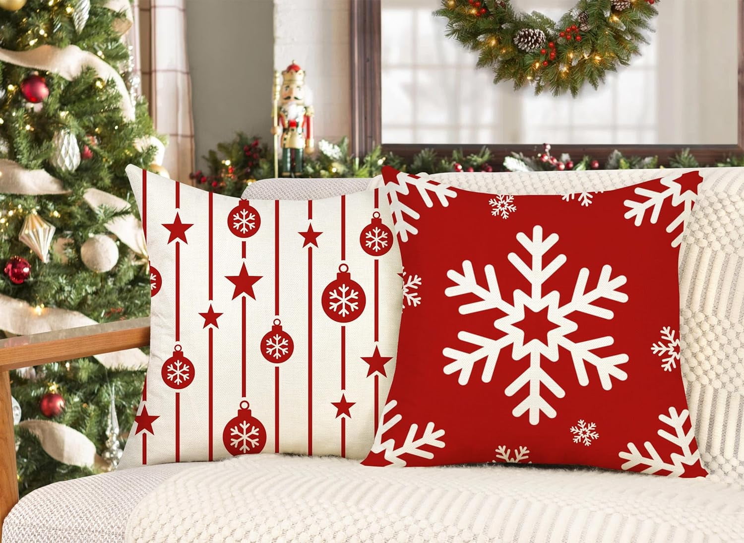 Red Christmas Pillow Covers 18x18 Set of 4 Farmhouse Christmas Decorations Merry Christmas Tree Snowflake Winter Holiday Decor Throw Cushion Case for Home Couch S23C01