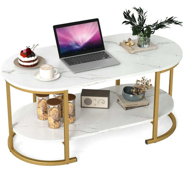 Gymax 2-Tier Wooden Accent Table w/Spacious Tabletop Open Storage Shelf for Room White