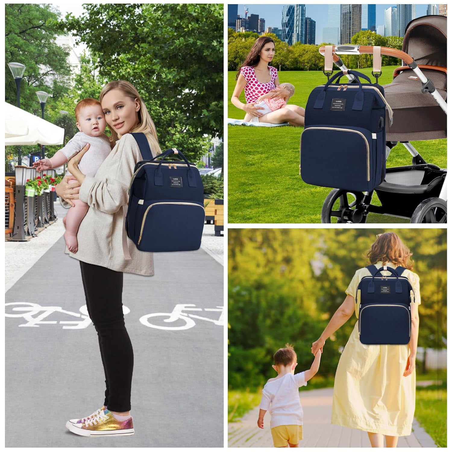 RSENFREMIOR Diaper Bag with Changing Station for Mom Dad, Large Capacity Travel Backpack with Stroller Straps ,3 in 1 Waterproof Foldable Changing Bag with Foldable Crib for Girls Boys