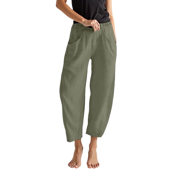 Pantalones anchos de lino para mujer con cintura elástica - Pantalones holgados y casuales con bolsillos para el verano y la playa