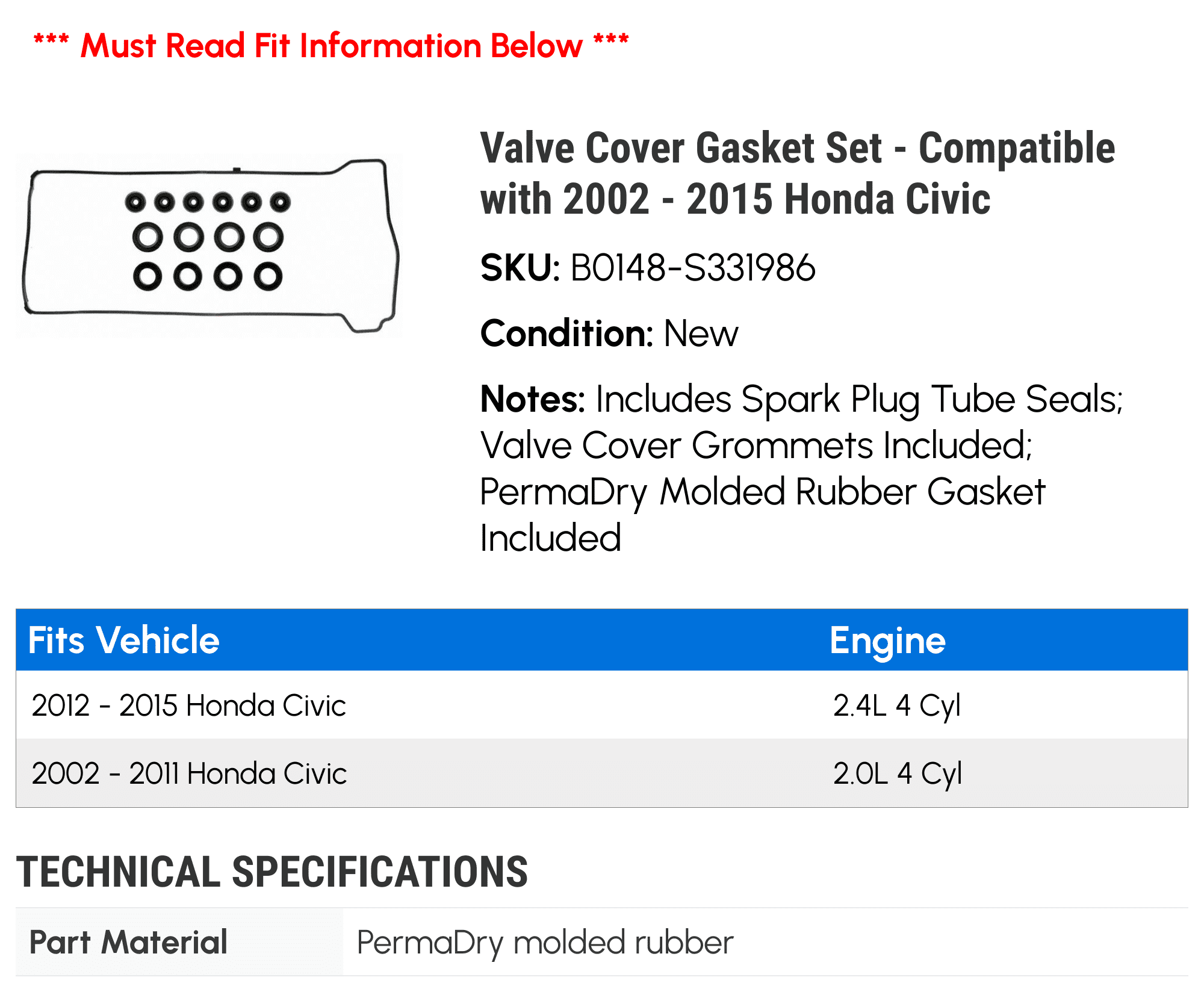 Valve Cover Gasket Set - Compatible with 2002 - 2015 Honda Civic 2003 2004 2005 2006 2007 2008 2009 2010 2011 2012 2013 2014