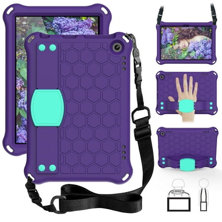 Dteck Kids Case For Amazon Kindle Fire HD 8 / HD 8 Plus Tablet (10th Generation, 2020 Release), Heavy Duty Shockproof Kickstand Case with Removable Shoulder Strap/Flexible Handle Strap, Purple + Mint