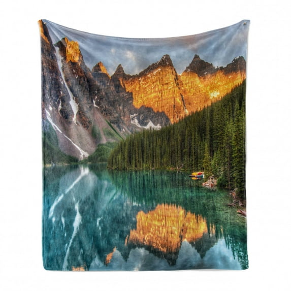 Nature Soft Flannel Fleece Throw Blanket, Moraine Lake Canadian Mountain Range with Creek Pine Forest Mother Earth Scenery, Cozy Plush for Indoor and Outdoor Use, 60" x 80", Multicolor, by Ambesonne