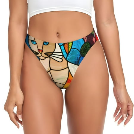 Qokaie Stained Glass Cat Art Printed Women s Cotton Thong Underwear  Sexy Breathable Panties G-string-X-Small