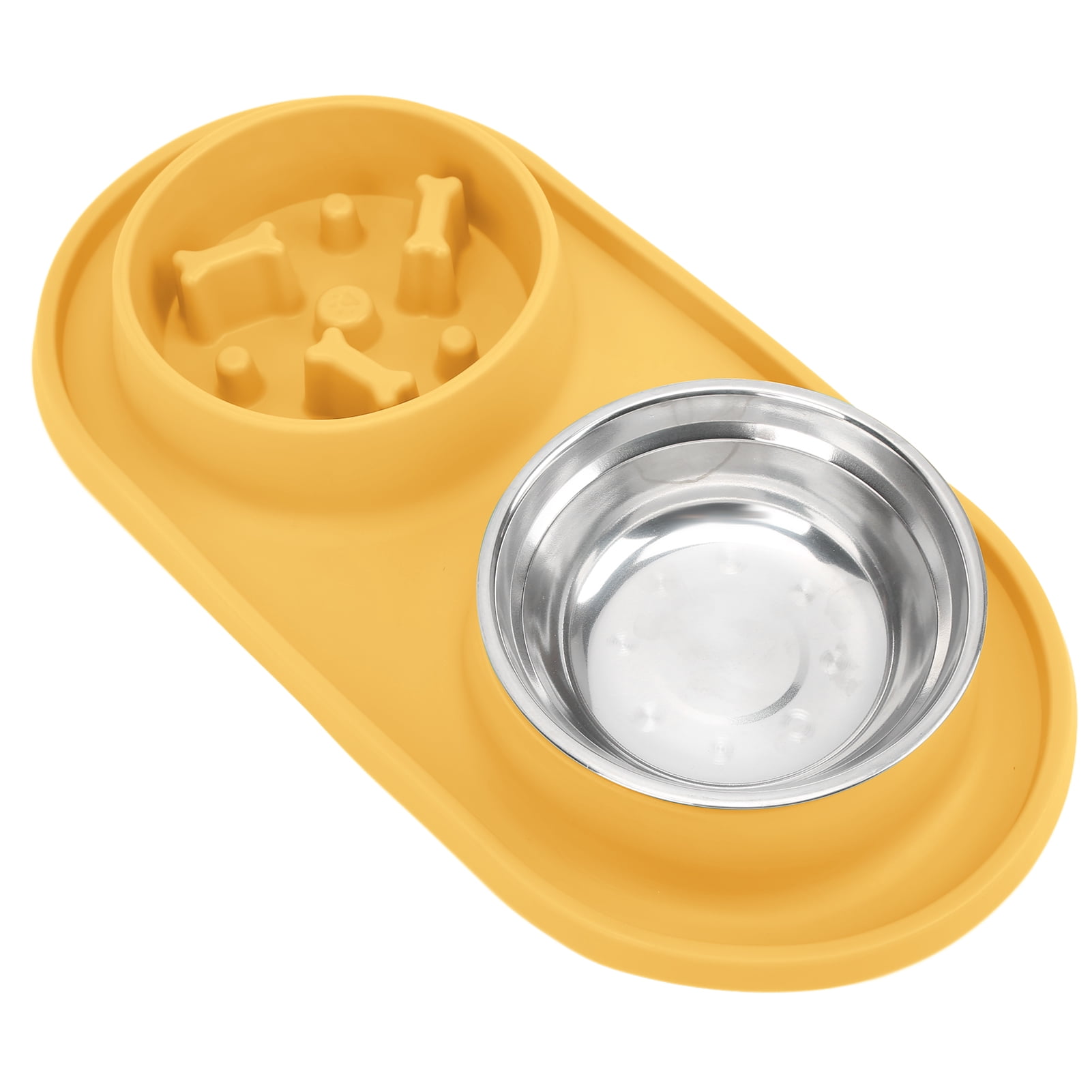 BOKYAN Silicone Slow Feeder Dog Bowl Set Double Pet Bowls with Stainless Steel Water Bowl Anti-Skid Removable Tray for Dogs and Cats Yellow