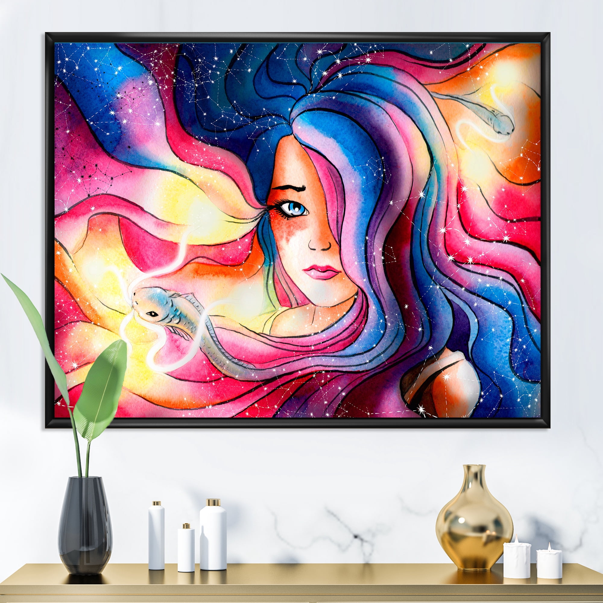 Designart 'The Girl Portrait With The Glowing Hair' Modern Framed Canvas Wall Art Print