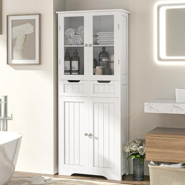 67" Tall White Freestanding Storage Cabinet With Glass Door and Adjustable Shelves, Linen Bathroom Cabinet for Living Room, Kitchen, Dining