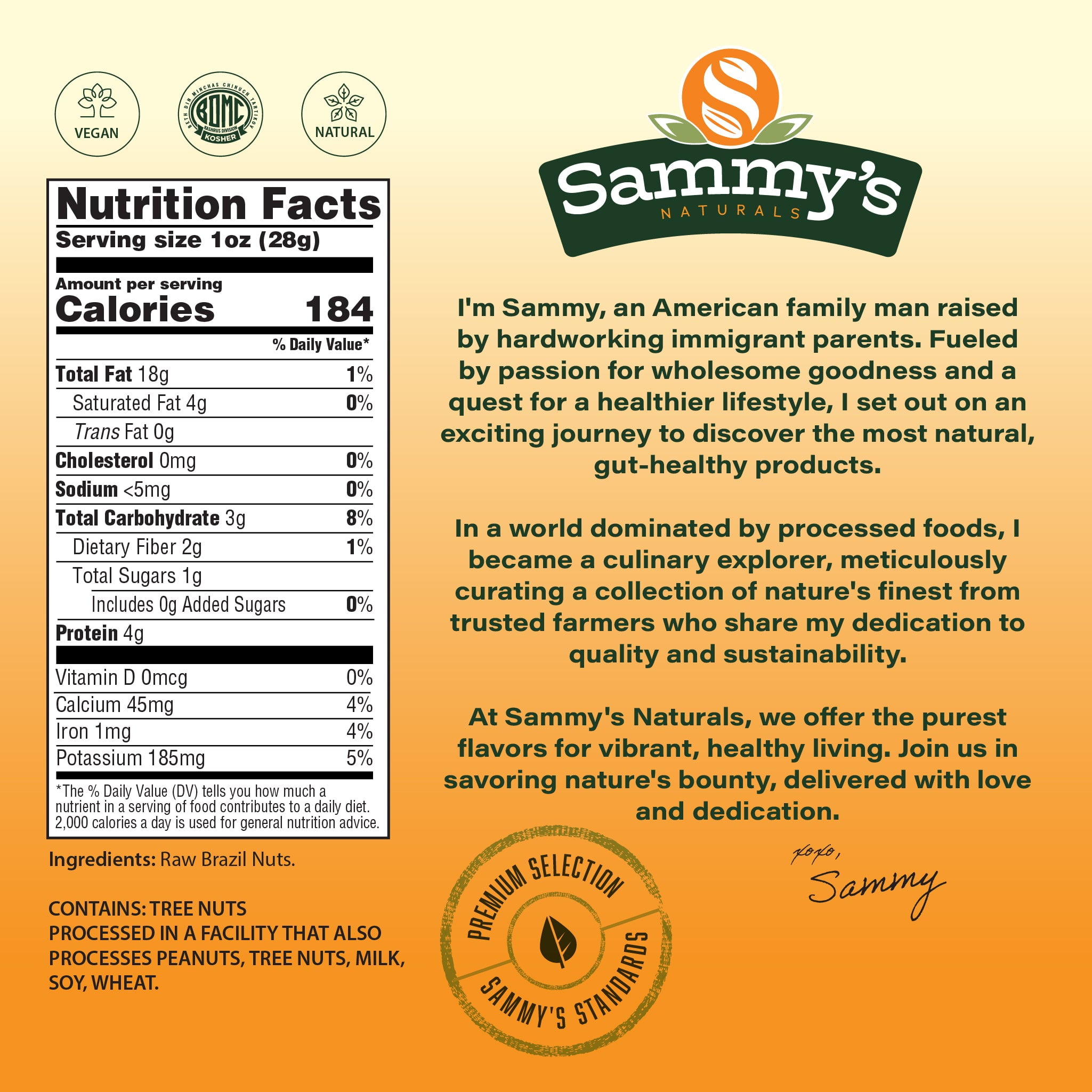 Sammys Raw Brazil Nuts, Unsalted Whole Brazilian Nuts, High in Selenium, Non-GMO, Kosher, Gluten-Free, Resealable Bag (16oz - 1 lb)