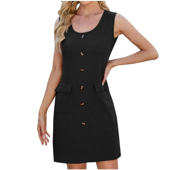 Scyoekwg Dresses for Women Sleeveless Mini Dress Solid Color Sundress Summer Crew Neck Button Loose Women's Casual Dresses (Black,M)