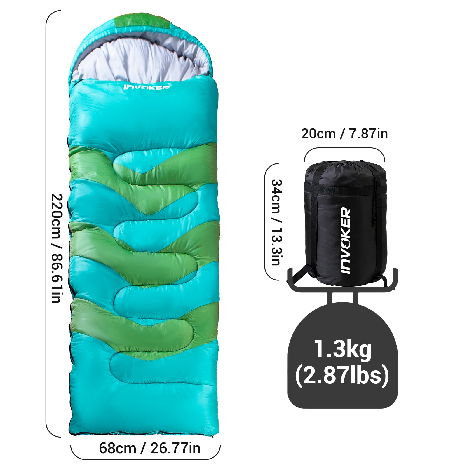 Invoker Sleeping Bag for Adults Kids, Warm & Cool Weather 3-4 Season, 50℉Camping Sleeping Bag, Waterproof Portable Backpacking Hiking Outdoors