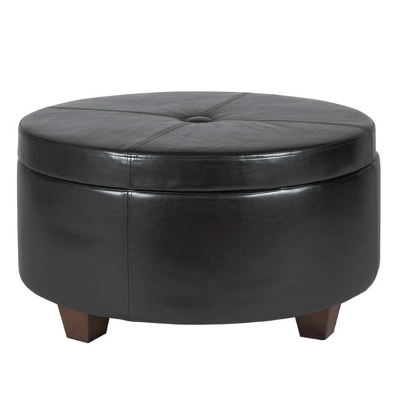 Leatherette Single Button Tufted Round Ottoman with Wooden Feet Large Black and Brown - Saltoro Sherpi