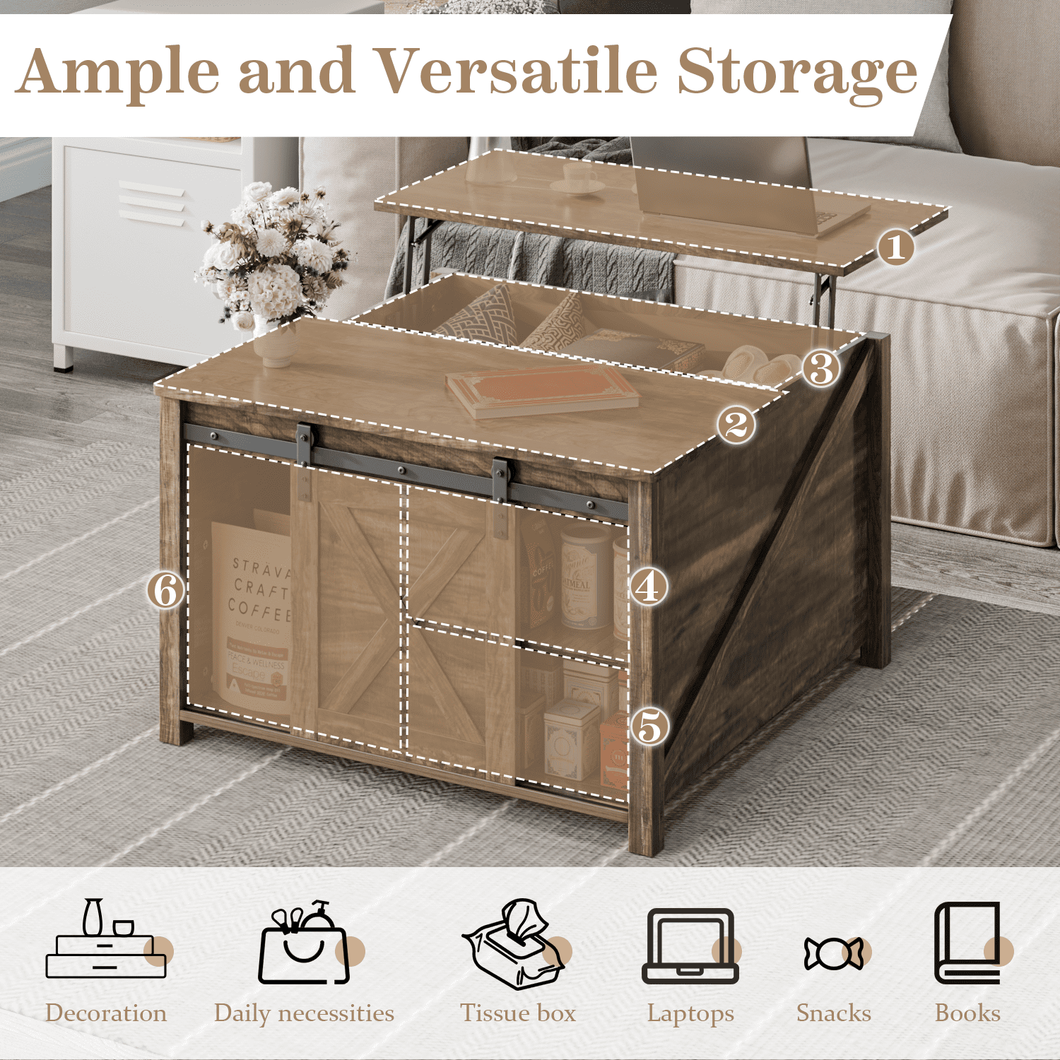 Waleaf Wooden Convertible Coffee Table, Lift Top Coffee Table with Large Hidden Storage Shelf for Living Room