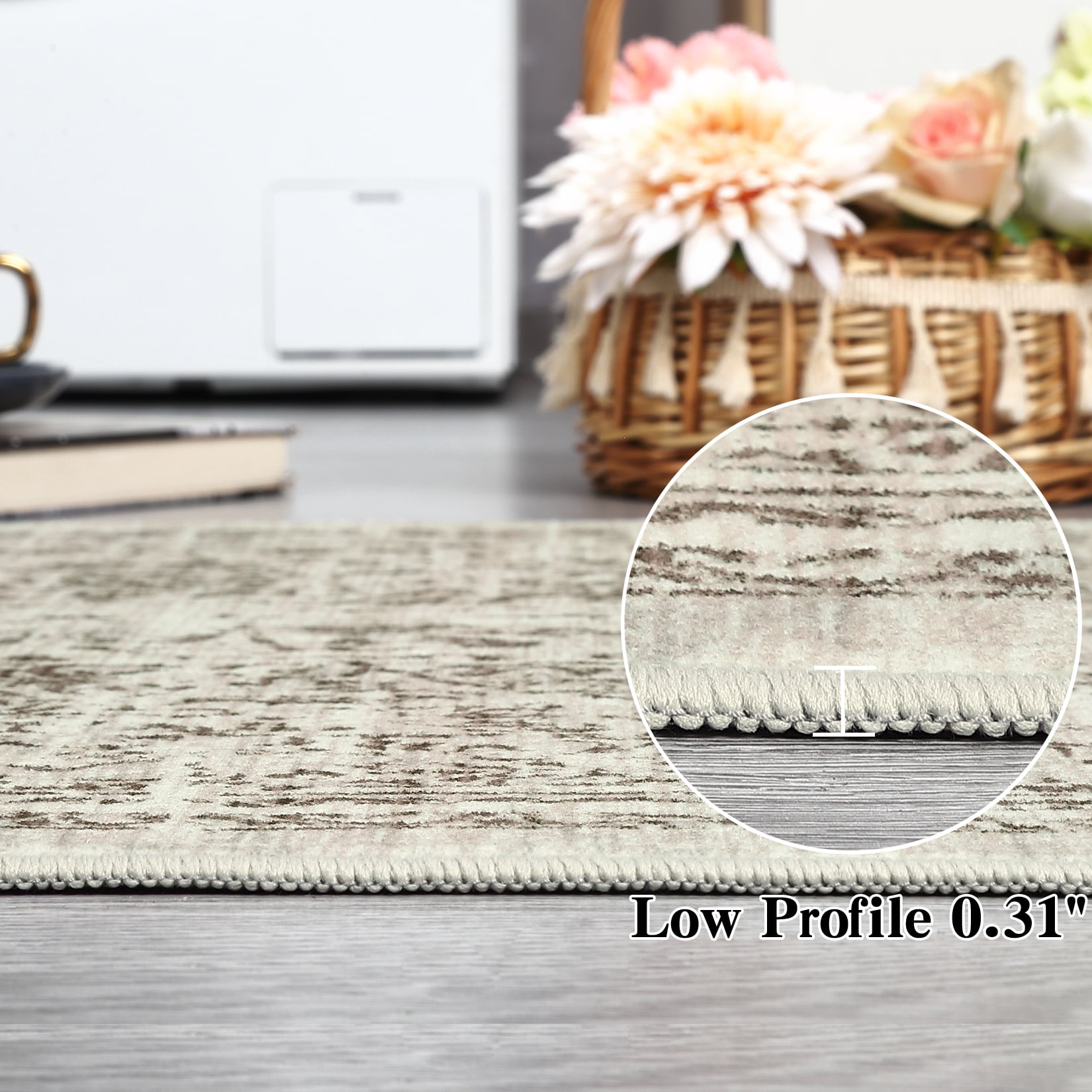 Hasoo 8' x 10' Area Rug for Living Room Boho Vintage Rug Non Slip Throw Rugs Floral Indoor Carpet, Taupe