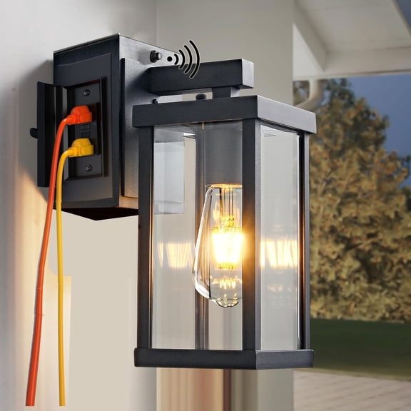 Dusk to Dawn Porch Lights with GFCI Outlets Waterproof Outdoor Wall Lights Exterior Lighting Fixtures Modern Outside Lights Wall Mount for House Patio Garage,Black,11.8''H,1PC