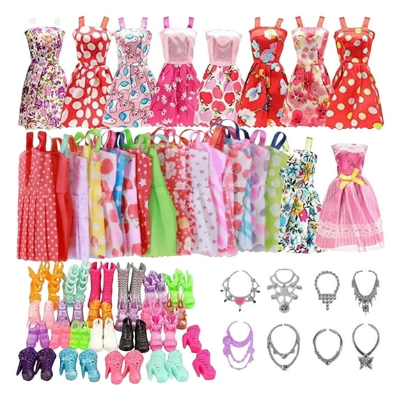 32-Piece Doll Accessory Set, 10 Clothes 10 Shoes 6 Necklaces 6 Crowns, Fashion Dress-Up Kit for 11.5 Inch Dolls, Complete Wardrobe Collection