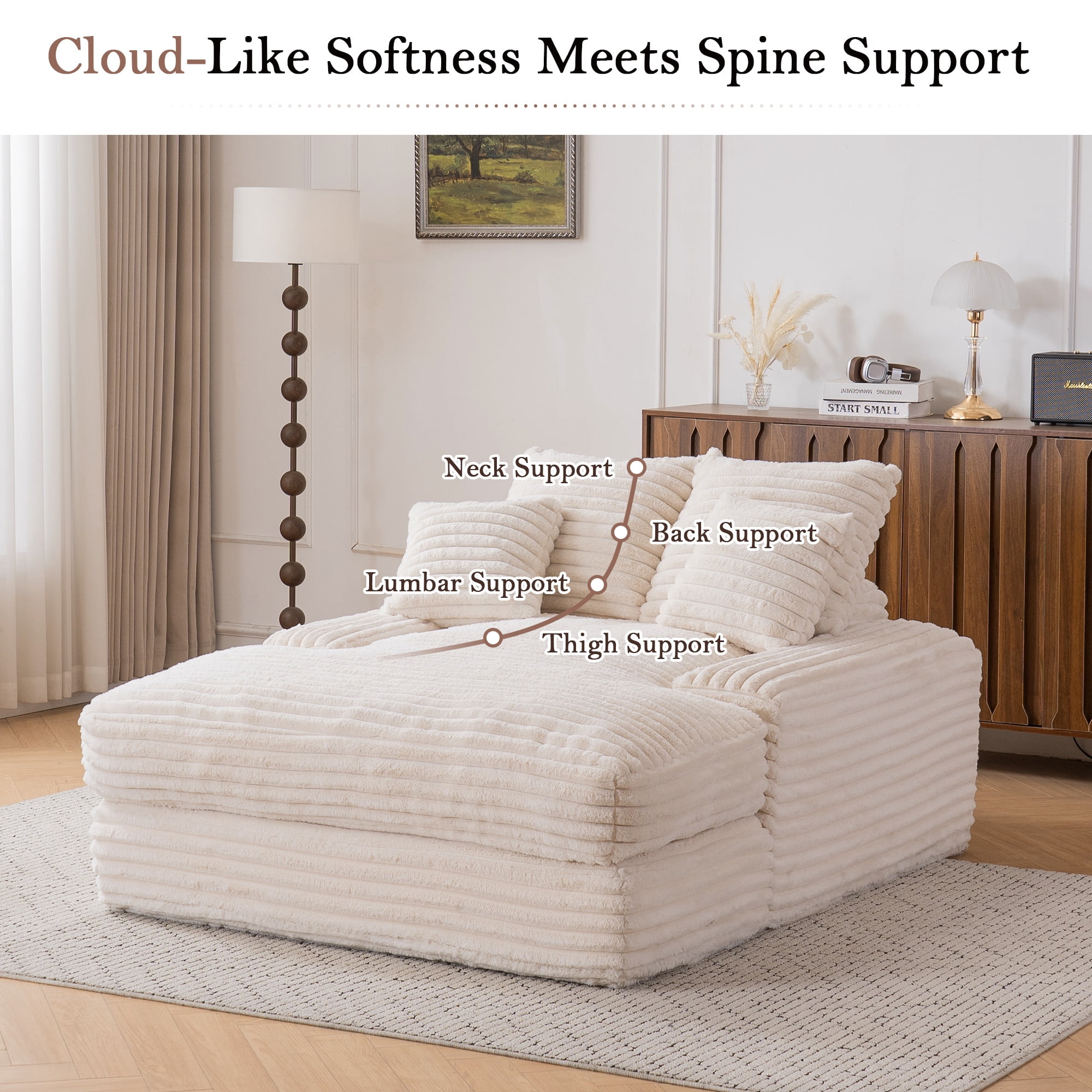 MOONMISS 69in Corduroy Chaise Lounge Sofa Bed with 4 Pillows,No Assembly Chair Bed for Small Space Living Room Apartment,Beige