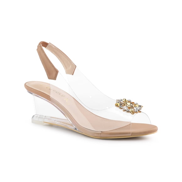 BLISSFUL STEP Women's Shoes Clear Wedge Heels Rhinestone Peep Toe Slingback Transparent Shoes Nude 7