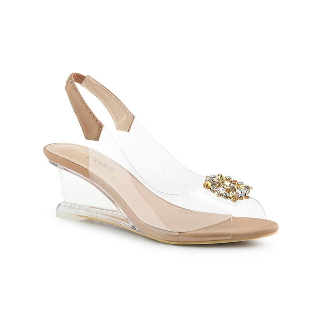 BLISSFUL STEP Women's Shoes Clear Wedge Heels Rhinestone Peep Toe Slingback Transparent Shoes Nude 7
