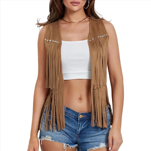 Chaleco Estilo Hippie Estilo Años 70 con Flecos, Remaches de Ante Sintético, Sin Mangas, Estilo Western, Estilo Bohemio, con Abertura Frontal. Amarillo Terroso M