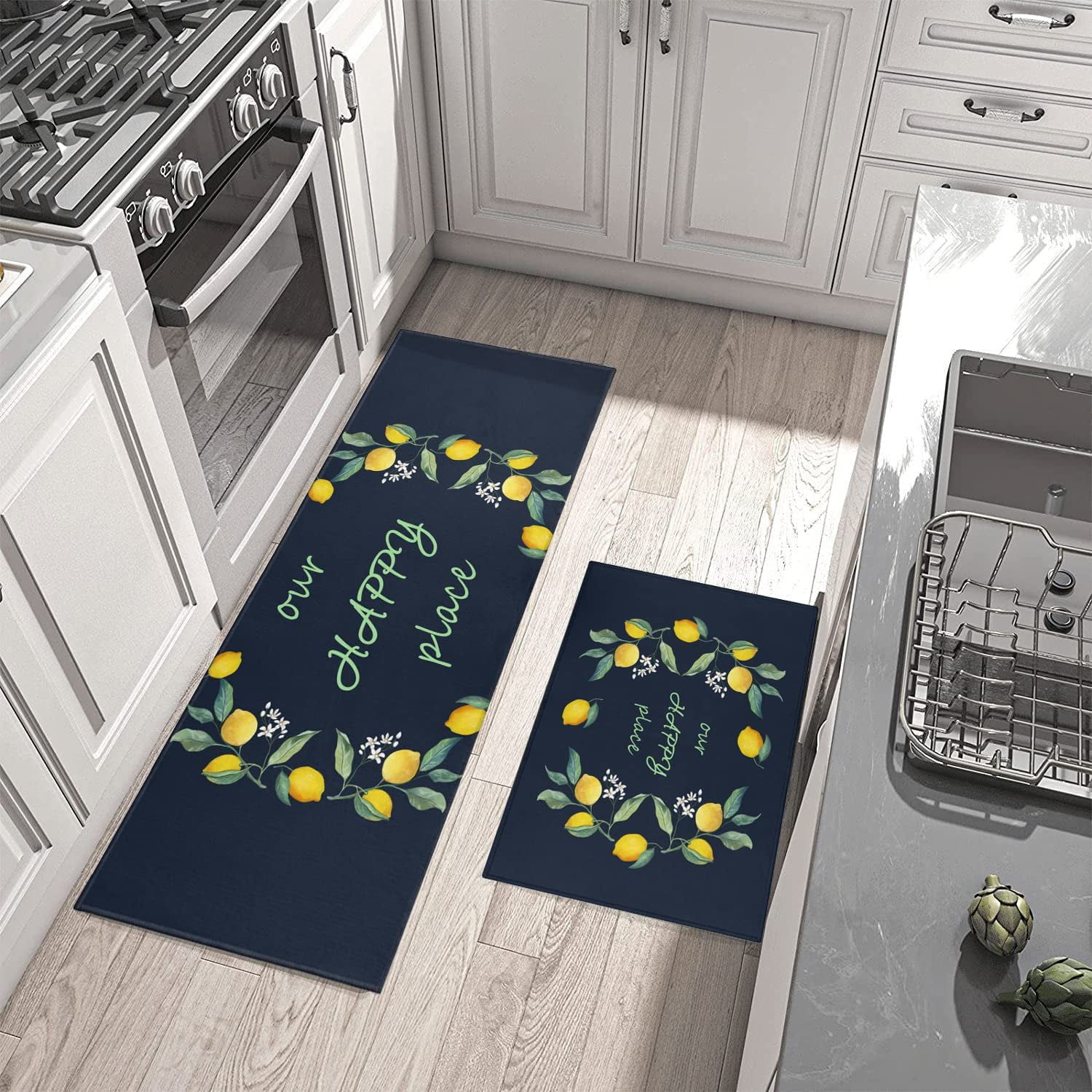 Xsinufn Lemon Kitchen Rugs Set 2 Piece Colorful Spring/Summer Lemon Floral Leaves Decorative Rugs for Kitchen Low-Profile Floor Mats Decorations for Home Kitchen (17"x48"+17"x24" Navy Blue Rugs)