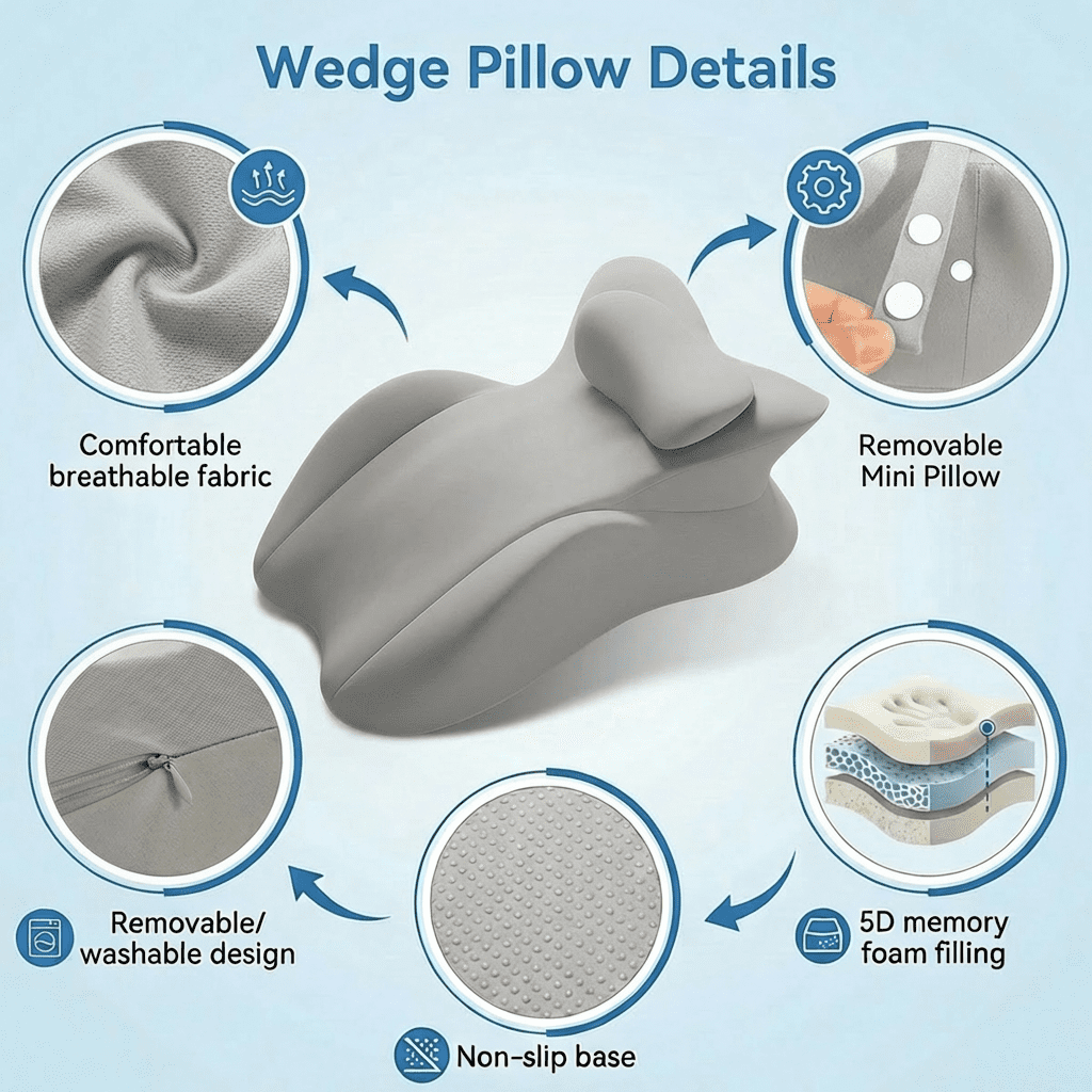 Memory Foam Wedge Pillow for Prone Reading & Bed Sitting – Ergonomic Multi-Position Support Cushion for Back Pain Relief, Leg Elevation, and Acid Reflux – Removable Cover, Gray