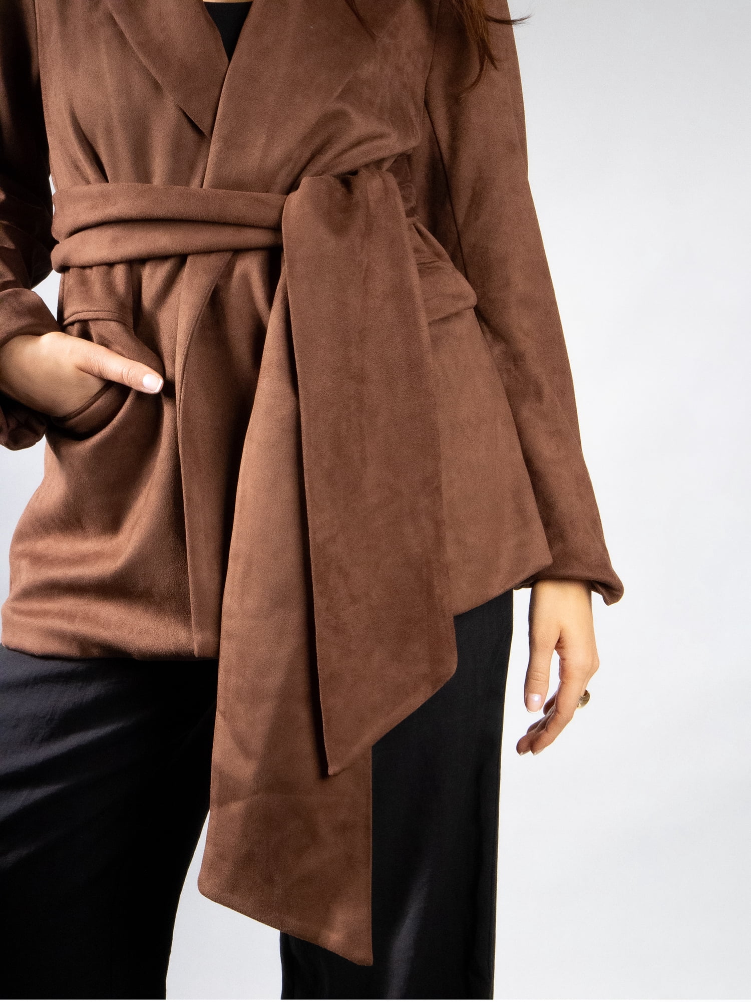 DARING DIVA Women's Elegant Faux Suede Wrap Belt Stylish Design Blazer M Brown