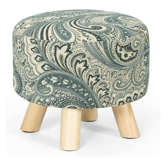 Small Round Ottoman Foot Rest Stool Linen Padded Seat Footstool Ottoman with Anti-Slip Wooden Legs (Blue Beige,Linen)