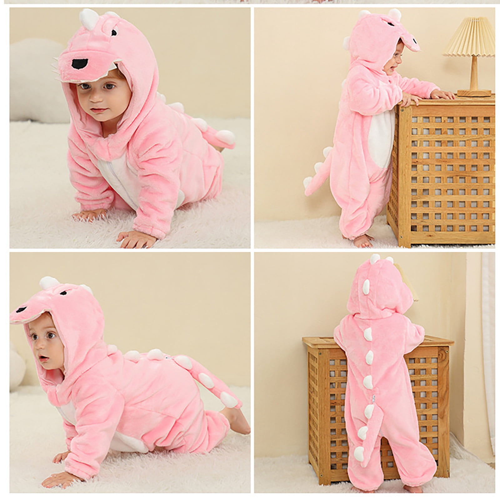 WOYY Toddler Boys Dinosaur Romper Soft Flannel Hooded Jumpsuit Zipper Onesies, Sizes 3-4T