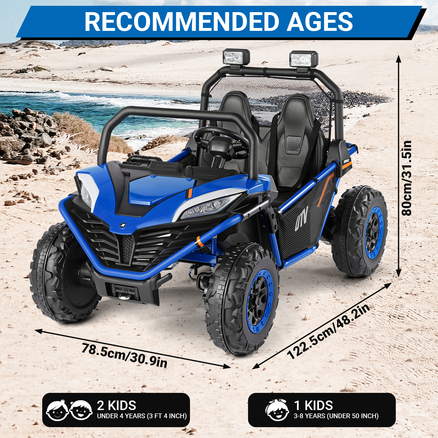 24V Kids Ride on Car, 2 Seater 10Ah Powered on Truck,4*200W Motor Electric Vehicles with Remote Control,Up to 5mph,Spring Suspension UTV for 3-8 Boys Girls,Blue