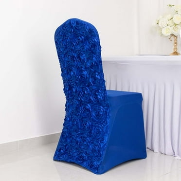 Efavormart 5 PCS Royal Blue Satin Rosette Spandex Stretch Banquet Chair Cover, Fitted Chair Cover