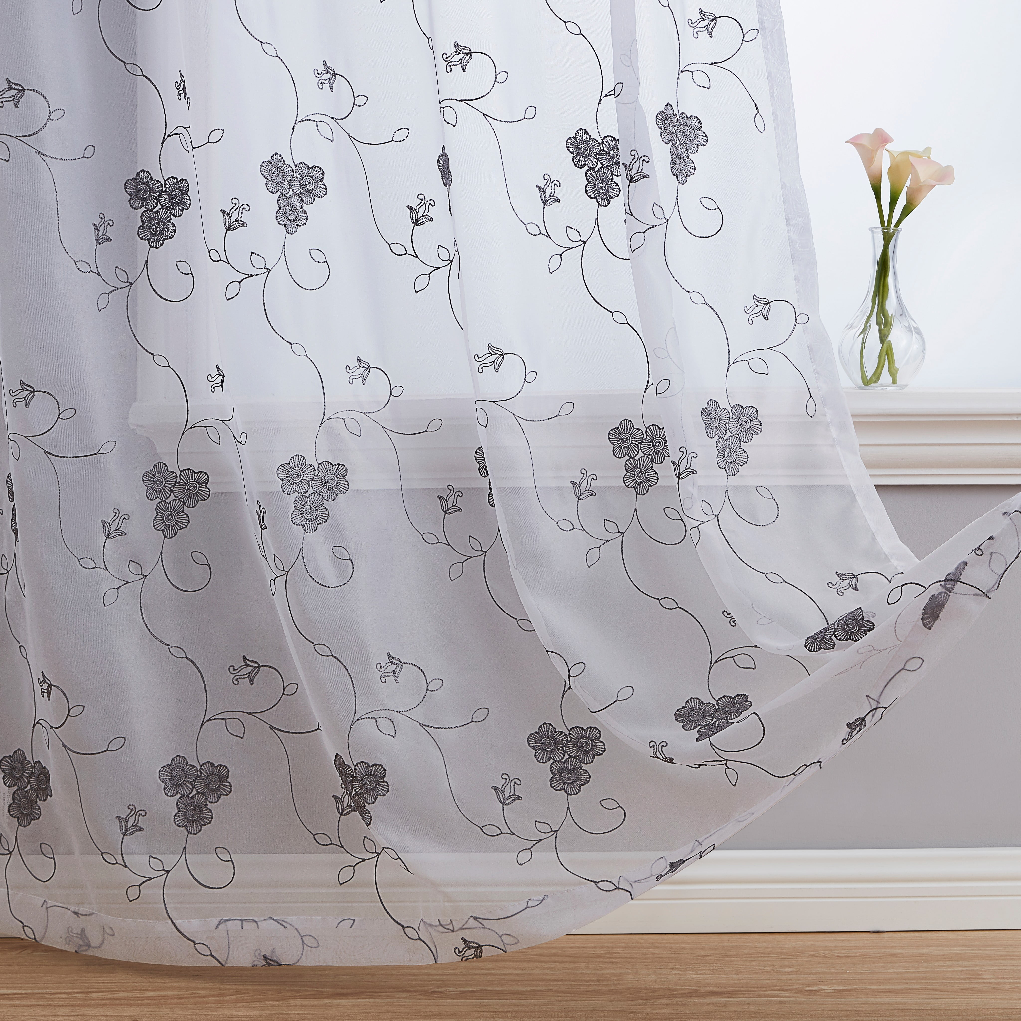 Embroidered Floral Sheer Tulle Curtains Light Filtering Voile Window Panel 