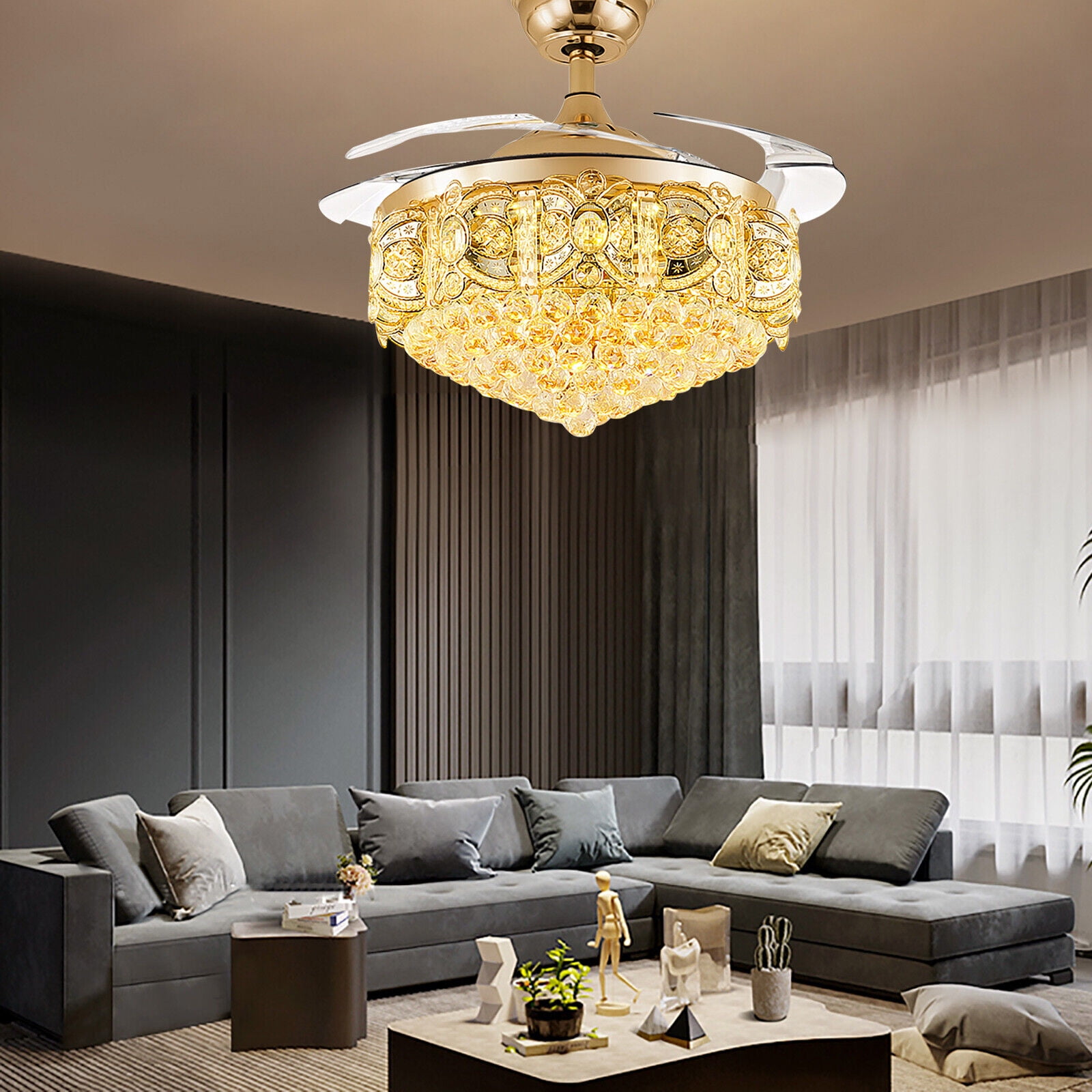 Modern 42" Crystal LED Invisible Ceiling Fan Chandelier Lamp Light Led Lighting W/Remote Gold for 8-25㎡, Living Room, Ding Room, Bedroom