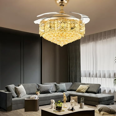 Modern 42" Crystal LED Invisible Ceiling Fan Chandelier Lamp Light w/Remote Gold