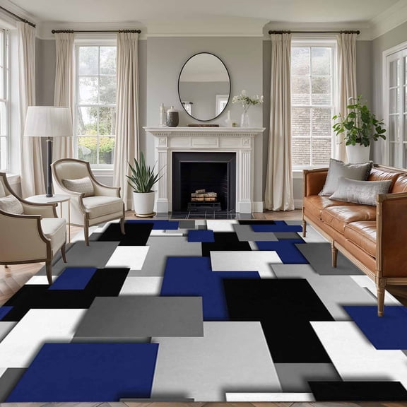 Rectangle Area Rugs 8 x 10 Ft, Navy Blue Black Geometric Non-Slip Residential Carpet, Modern Abstract Art Block Indoor Crawling Mats Runner Rugs for Living Room/Dining Room/Bedroom