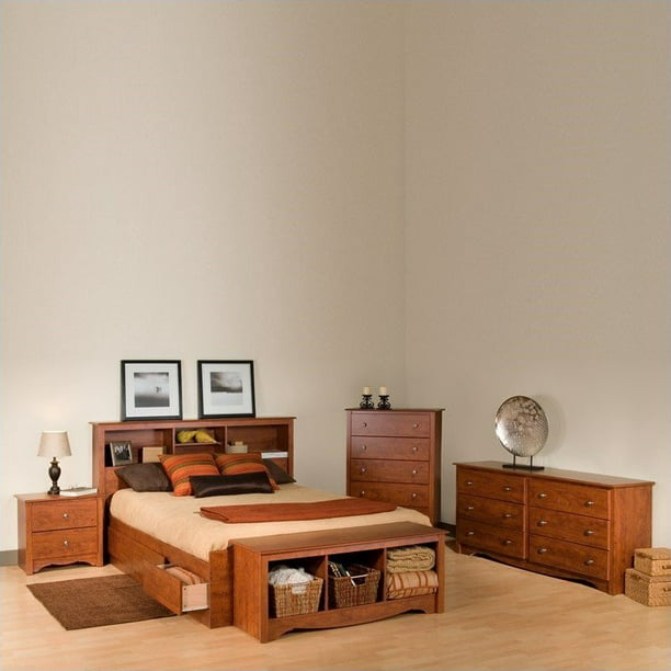 Prepac Monterey Queen 4 Piece Bedroom, Prepac Monterey Queen Bookcase Platform Storage Bed In Cherry