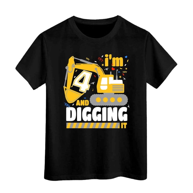 Hiiyo T-Shirt pour Grands Garçons Imprimé Excavatrice Manches Courtes, Noir