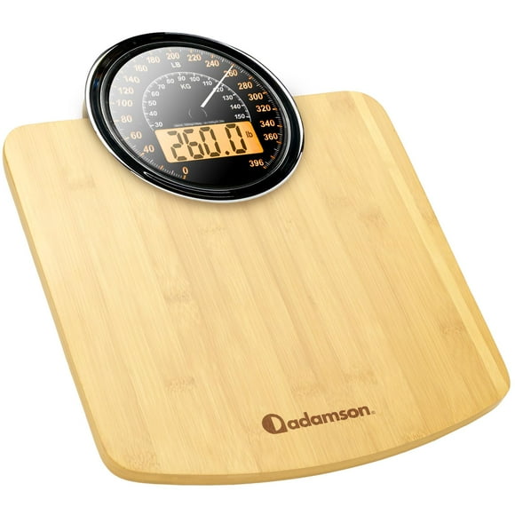 Báscula híbrida 2 en 1 analógica y digital Adamson para peso corporal de hasta 400 lb + Vidrio templado grueso + Pantalla extragrande + Báscula digital de baño fácil de leer + Nueva - Madera