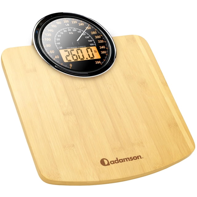 Báscula híbrida 2 en 1 analógica y digital Adamson para peso corporal de hasta 400 lb + Vidrio templado grueso + Pantalla extragrande + Báscula digital de baño fácil de leer + Nueva - Madera