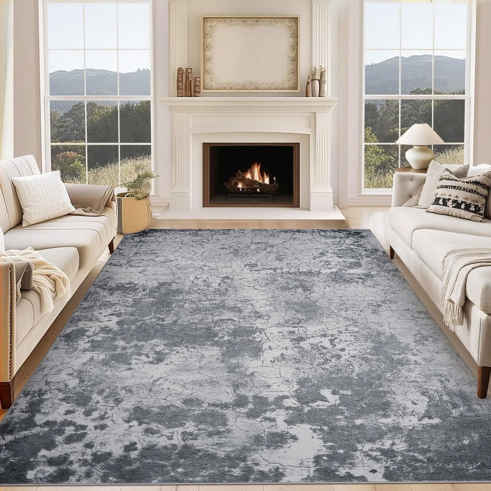 Living Room Area Rugs 8x10 Washable Abstract Neutral Modern Large Soft Indoor Rug Stain Resistant Non Slip Carpet for Bedroom Dining Room Home Office Grey