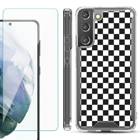Shockproof Bumper Phone Case for Samsung Galaxy S22 5G, with Tempered Glass Screen Protector, by OneToughShield ® - Checker B/W