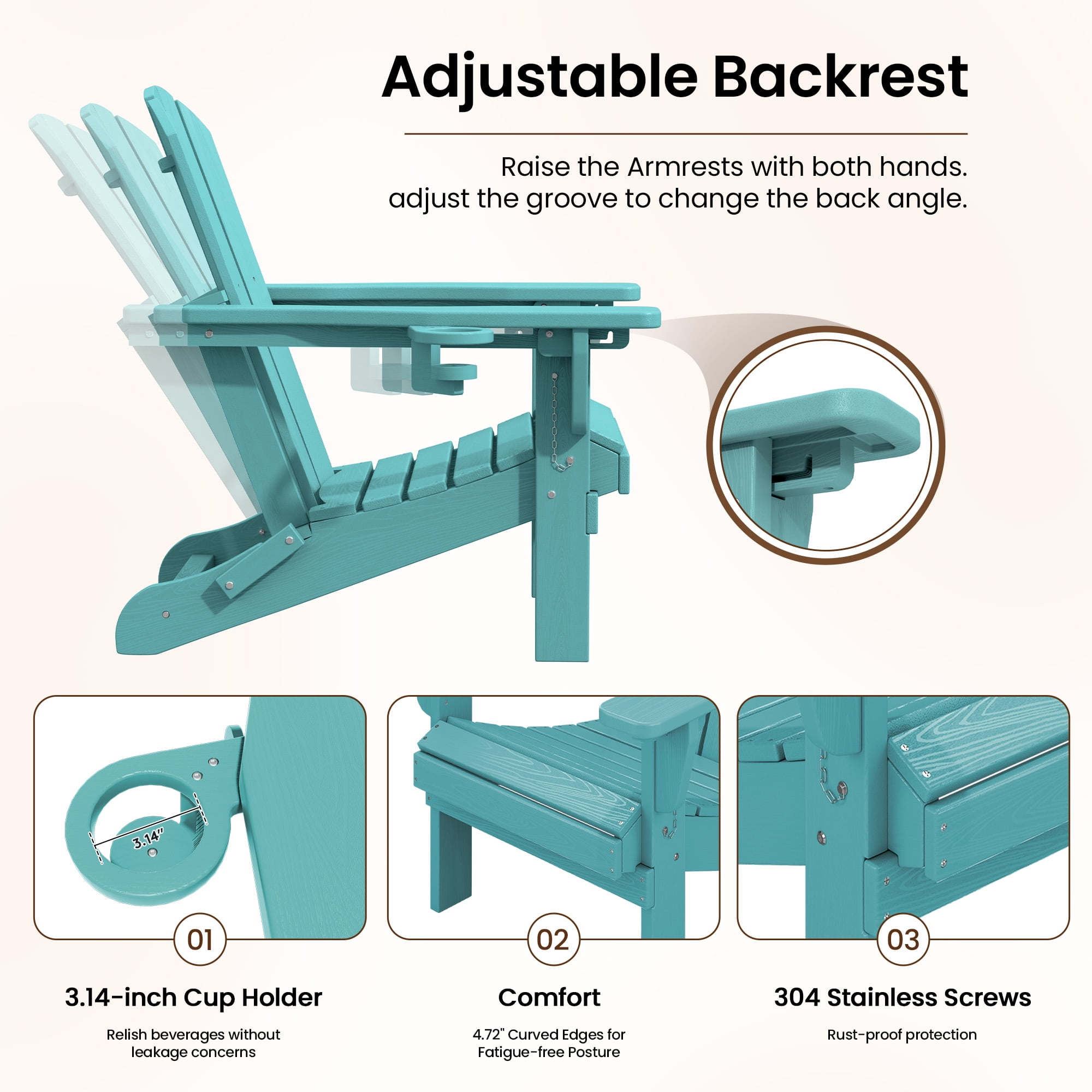 SERWALL Adjustable Folding HDPE Adirondack Chair Outdoor with Cup Holder, for Outdoor, Patio, Poolside, Garden, Aruba Blue