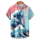 thumbnail image 3 of Camisa hawaiana de manga corta con estampado 3D de olas para hombre, informal, versátil, retro, minimalista, con solapa y botones para vacaciones en la playa, 3 of 5