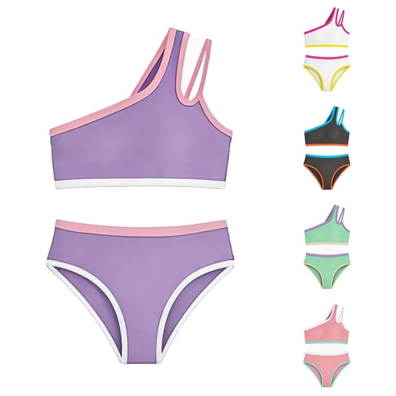 JAJAHO Bikini Sets For Girls 2 Piece Swimsuits One Shoulder Color Block Bathing Suit For Kids Teens 7-16Y Versatile Beachwear