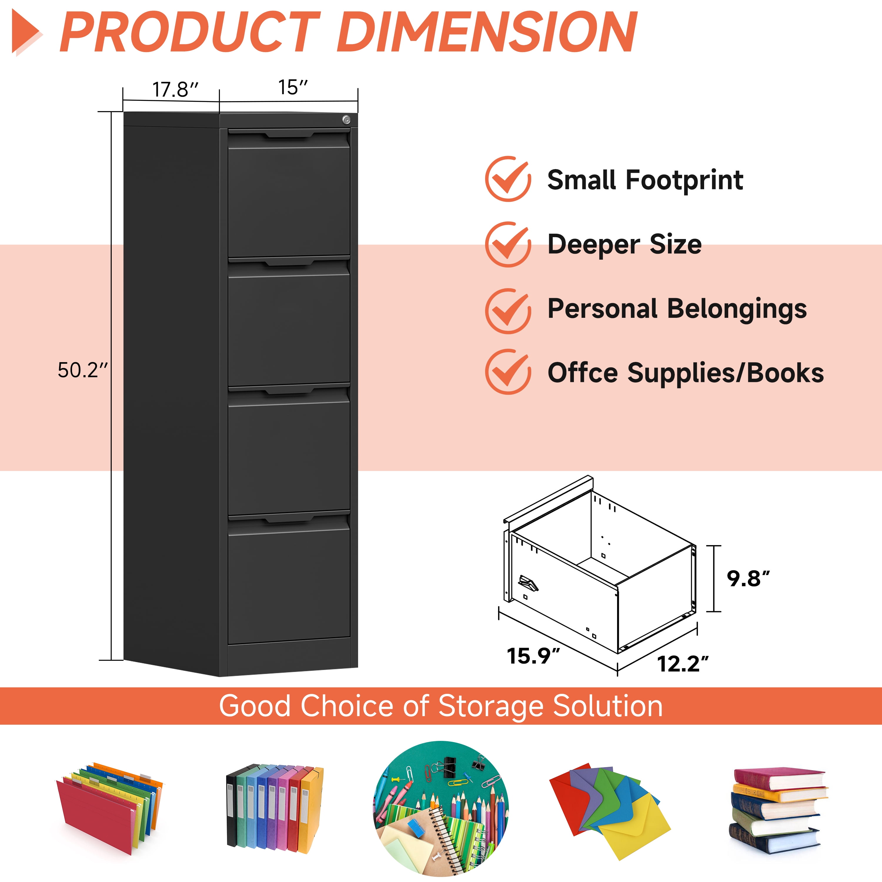 Kooyon 4 Drawer File Cabinet with Lock, 17.8" Deep Metal Filing Cabinet for Home Office, Black, Fits Letter/A4/Legal Folders, Easy Assembly-Black