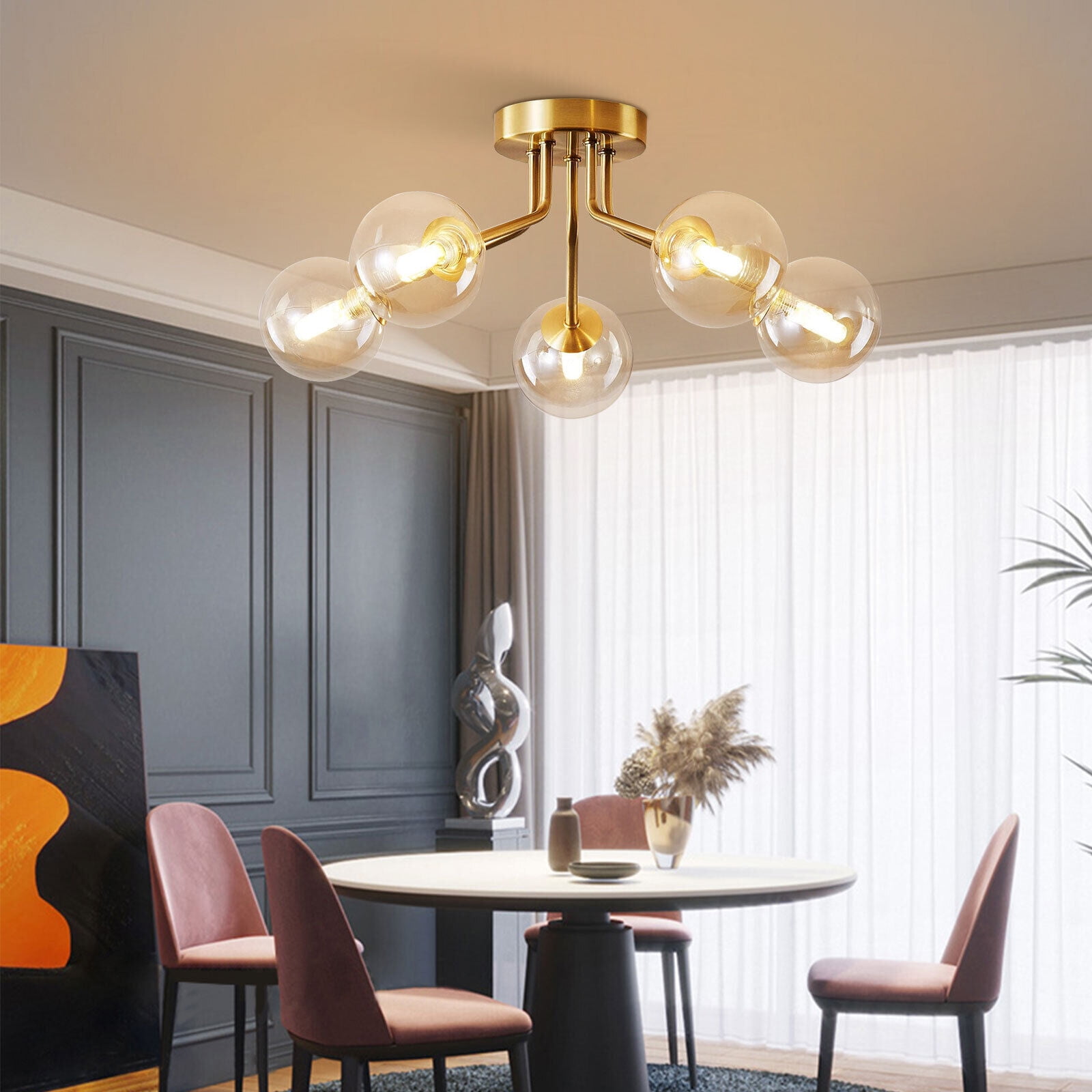 Retro Industry Artificial Satellite Chandelier Glass Globes Light Fixture Flush,Semi Flush Mount Ceiling Light Globe ,Gold Ceiling Light Fixtures for Dining Room ,Bedroom