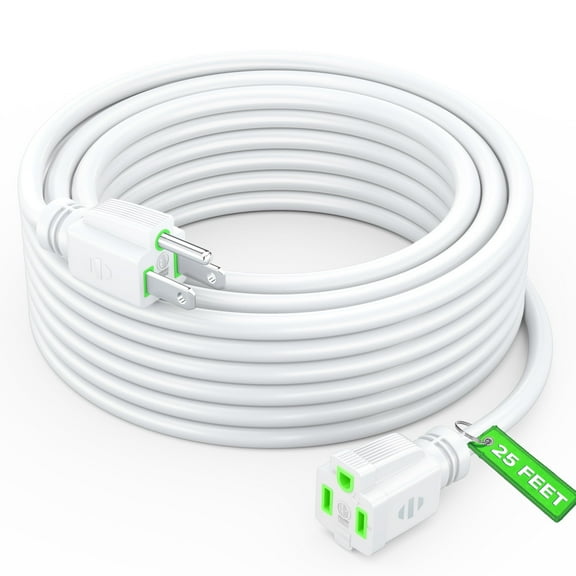 Maximm Extension Cord 25 Ft White Power Cords Indoor 16 Gauge Wire SJTW Heavy Duty ETL Listed (25Ft, White with Green Indicators)