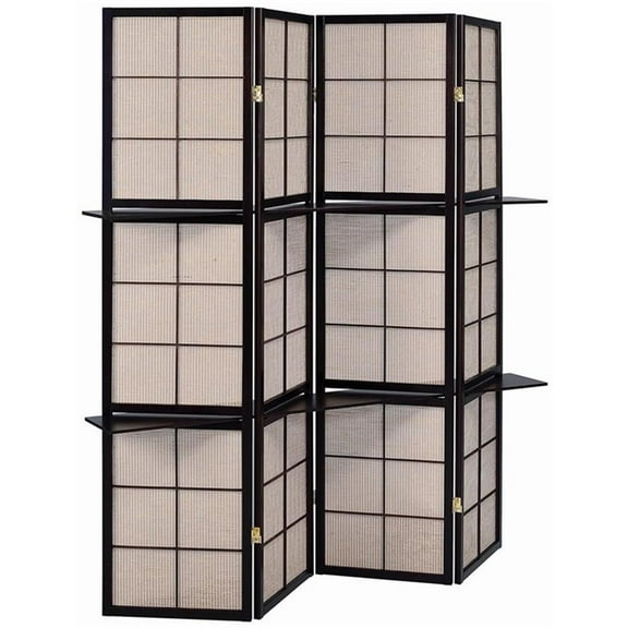 Bowery Hill 4 Panel 4 Shelf Room Divider in Tan and Cappuccino